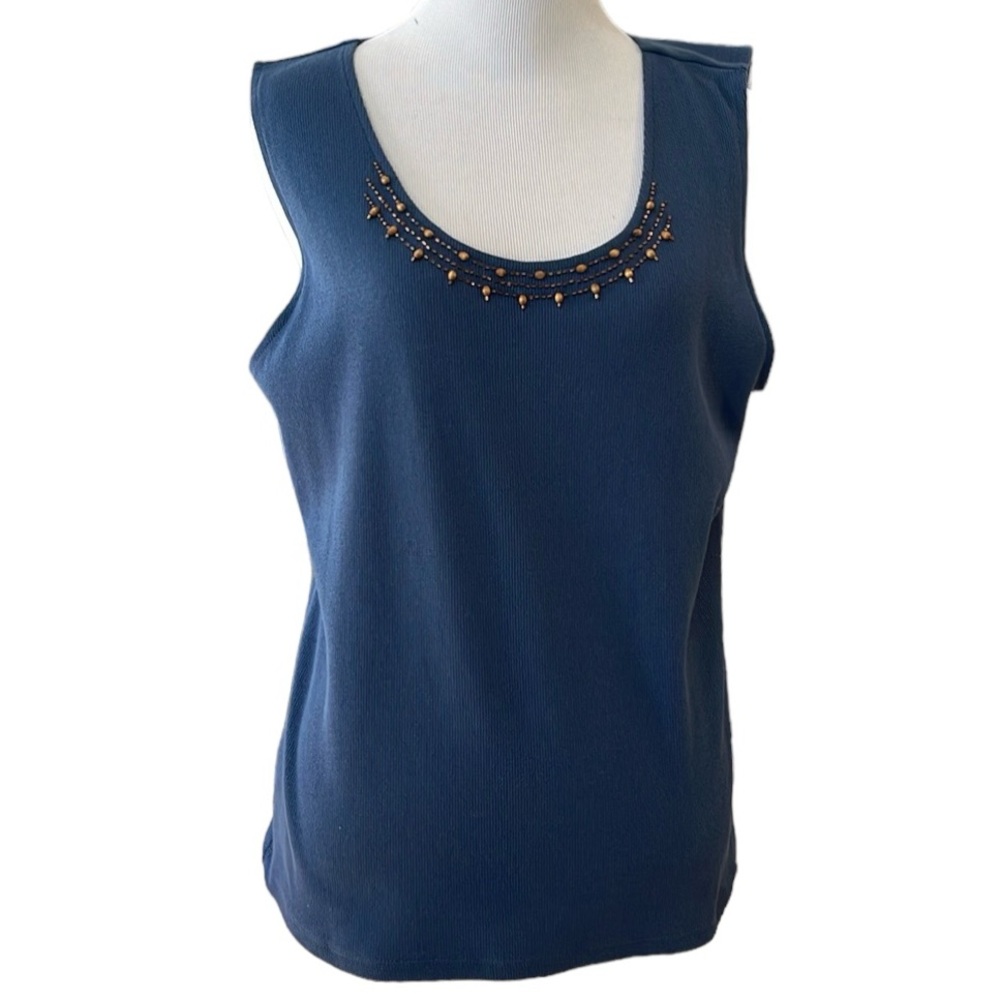 LIZ & CO. RIBBED BEADED TANK TOP INDIAN SUMMER BLUE SIZE XL NEW WITH TAGS